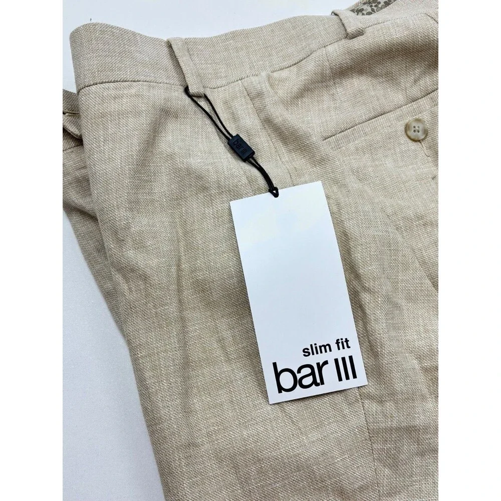 $495 NEW BAR III MENS 42R NATURAL LINEN SLIM 2 PIECE SUIT WITH DRESS PANTS 36X32